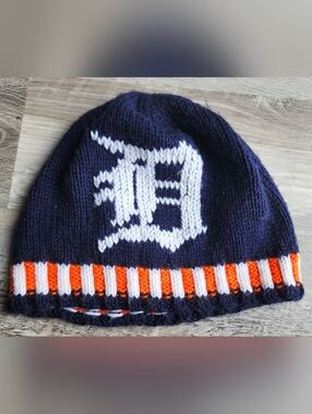 Detroit Tigers Knit Beanie Hat Navy Orange White Handmade Style